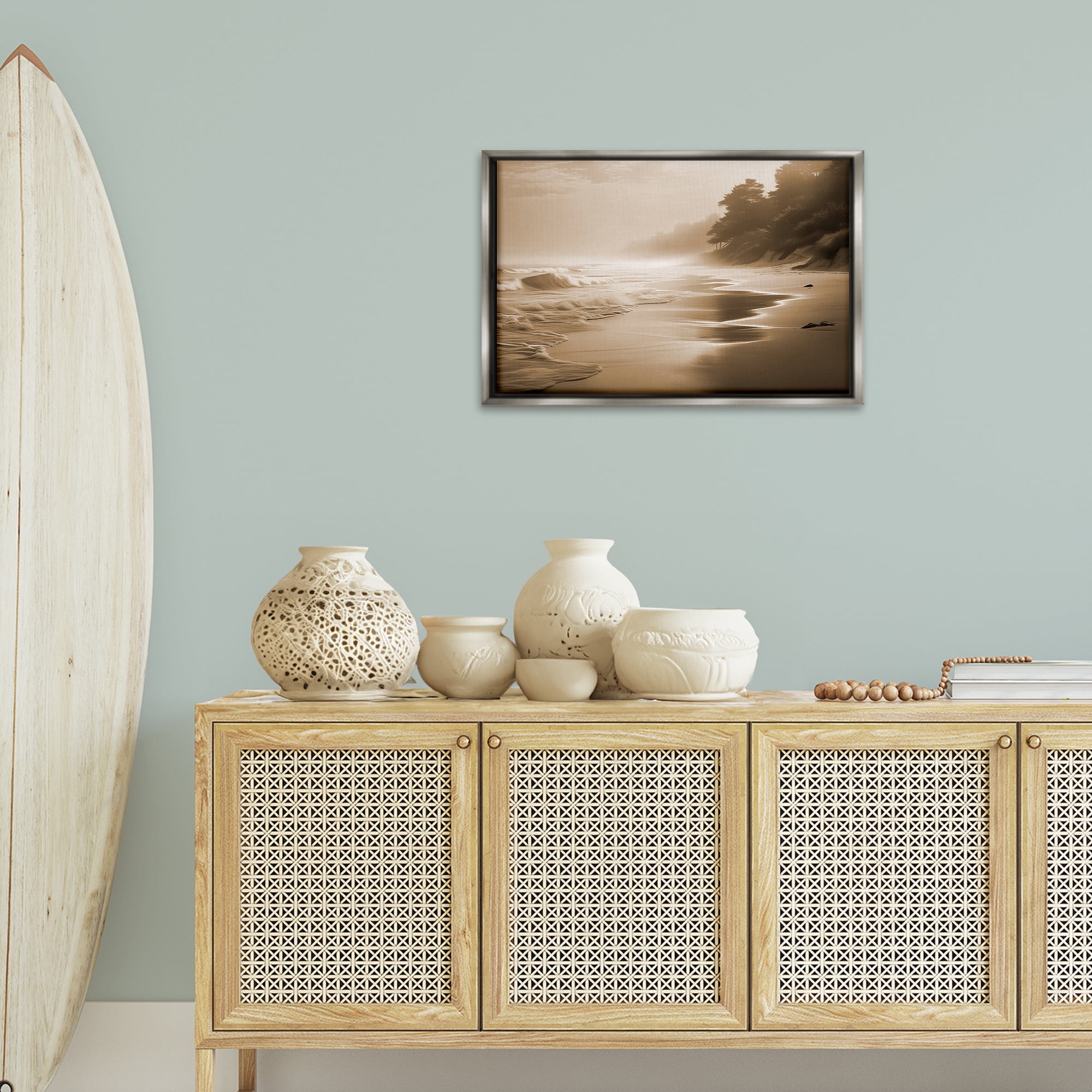 Stupell Industries Sepia Smooth Beach Landscape Landscape & Nature Photography Gray Floater Framed Canvas Art Print Wall Art, 25 x 17