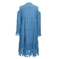 thumbnail image 4 of YDDIAN Women Floral Lace Trim Tassel V-Neck Mini Dress Summer Boho Cold Shoulder 3/4 Sleeve Fringe Hem Swing Flowy Dresses Blue M, 4 of 5