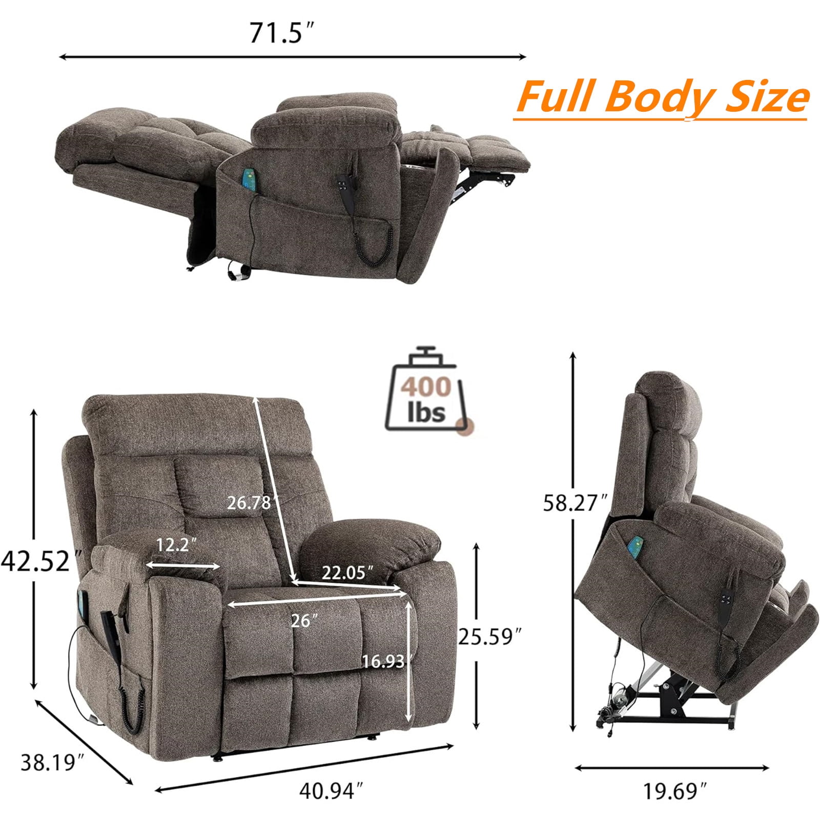 LITVZ Large Power Lift Recliner Chair for Elderly, Oversized Lift Chair with Heat and Massage, 26in Extra Wide, Big Man 400lbs, Hidden Cup Holder Lay Flat Recliner Chairs for Sleeping
