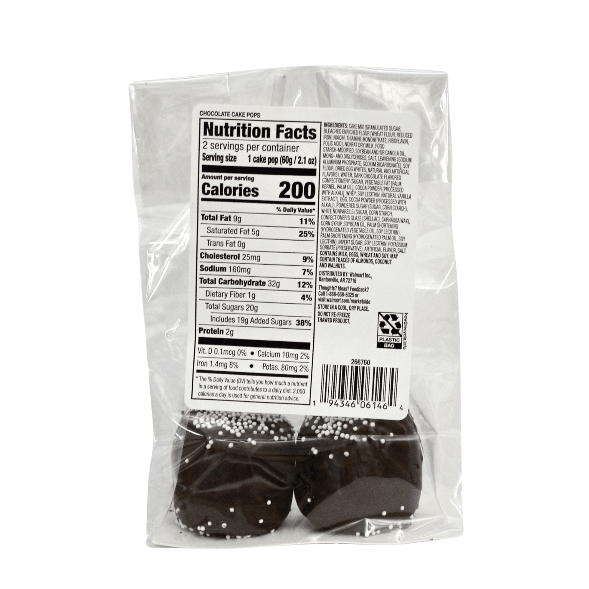 Marketside Chocolate Flavored Cake Pops, 4.2 oz, 2 Count (Ready to Eat)