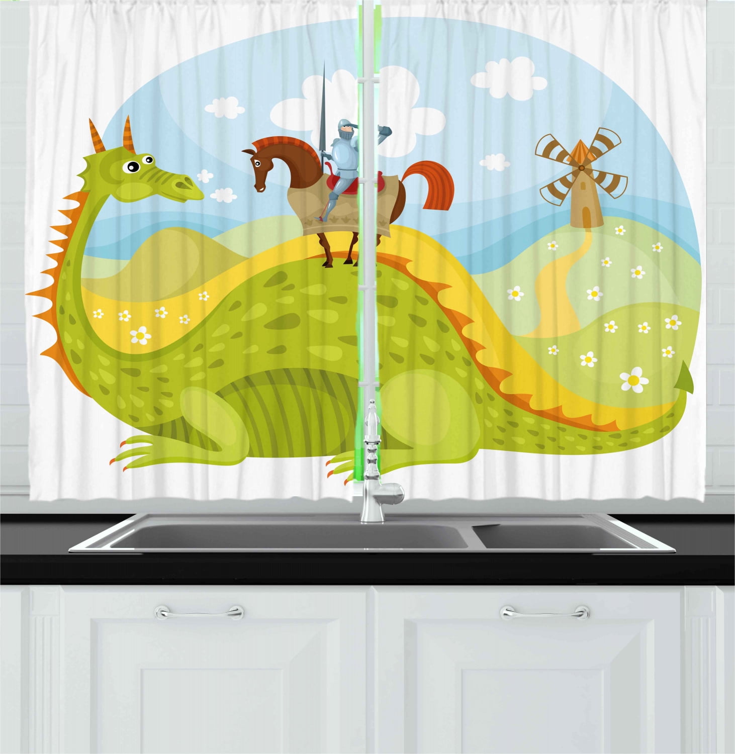 Fantasy Curtains 2 Panels Set Knight Don Quixote With Horse On Dragon Valley Medieval Fairytale Image Window Drapes For Living Room Bedroom 55w X 39l Inches Apple Green Sky Blue By Ambesonne
