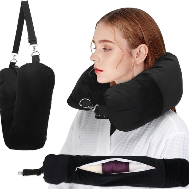 Almohada de Viaje Rellenable con Bolsa de Almacenamiento | Soporte Cervical En Forma de U para Vuelos y Viajes Por Carretera | Empacable y Lavable | Cabe En El Equipaje | 18 X 90 Cm