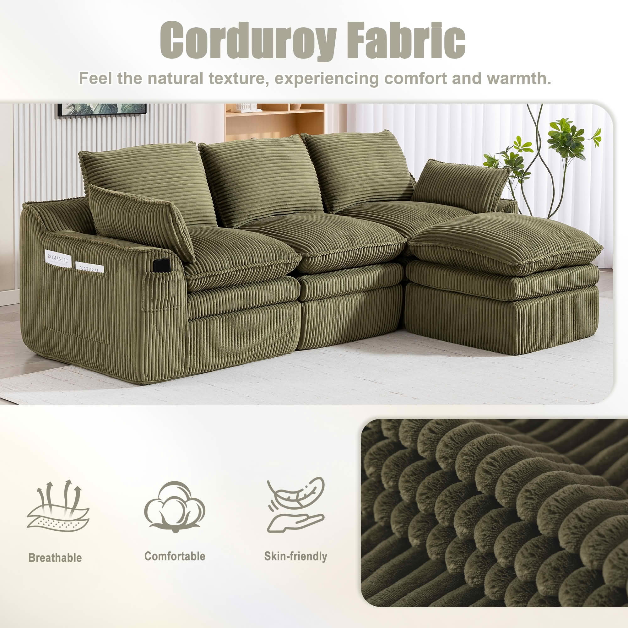 MAYEERTY Modular L Shape Corduroy Sectional Sofa, Compressed Boneless Cloud Couch with Footstool & Pillows for Small Living Space