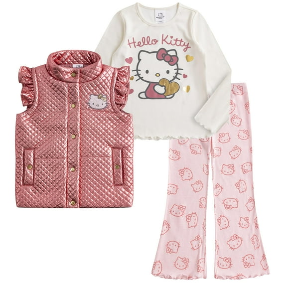 Hello Kitty Sanrio Long Sleeve Shirt, Quilted Vest, and Pants Set (Girls), 3 Piece Set, Sizes 4-6X