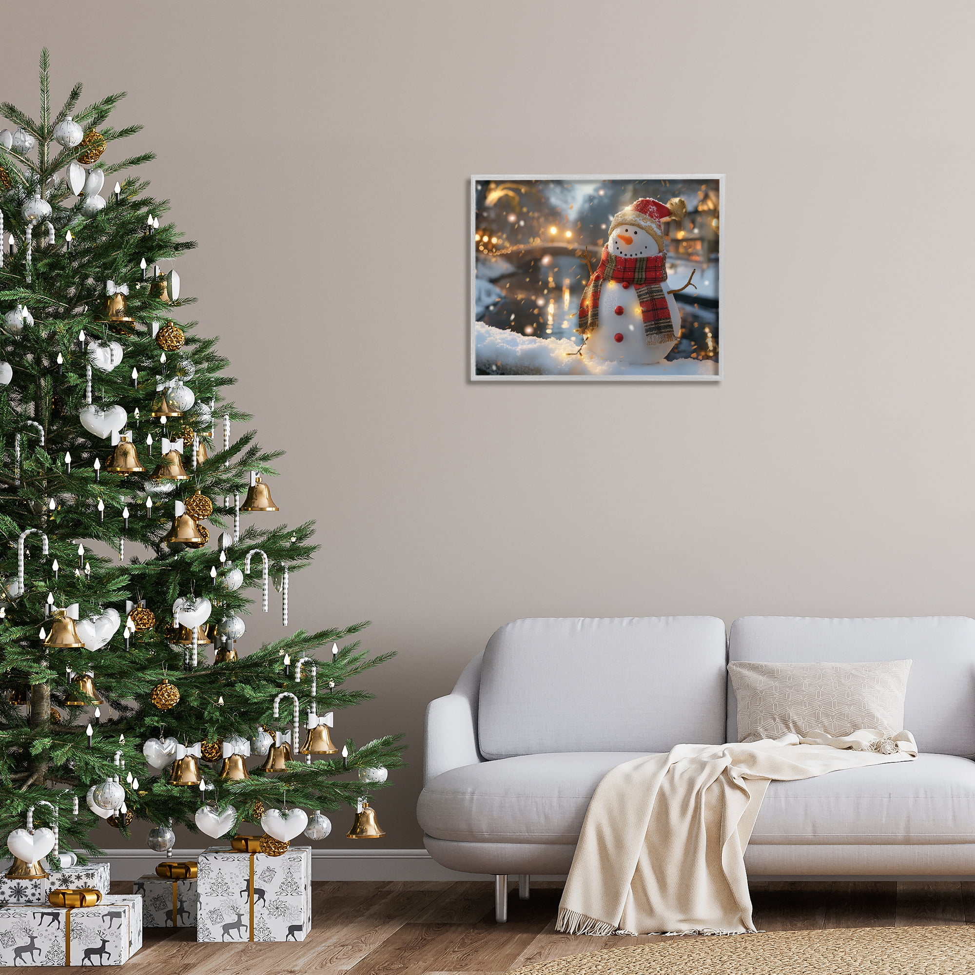 Stupell Industries Snowman Windy Winter Scene Holiday Painting Gray Framed Art Prints Wall Art, 30 x 24