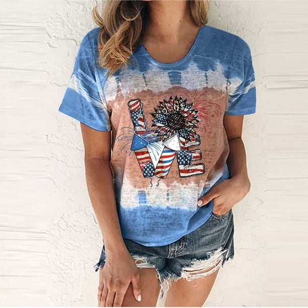 Fiudx Liquidación de Ahorros de Verano Camiseta de Manga Corta con Cuello Redondo y Estampado Del Día de La Independencia para Mujer