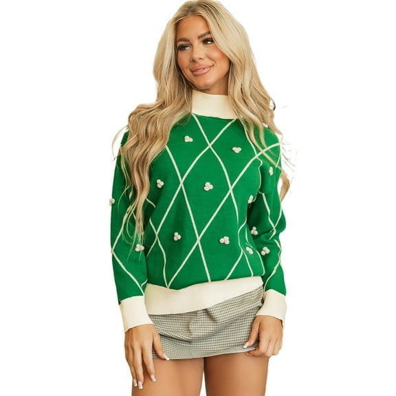 Women's Dark Green Diamond Pattern High Neck Christmas Sweater with Pom Accents | [ZhiHiMeRi] | (US 12-14)L