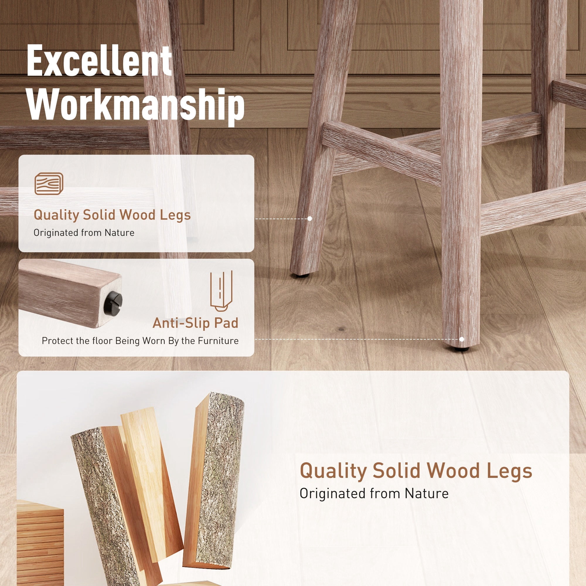 MF Studio 24" Counter Height Bar Stool Set of 2, Upholstered Saddle Seat with Solid Wood Legs, White
