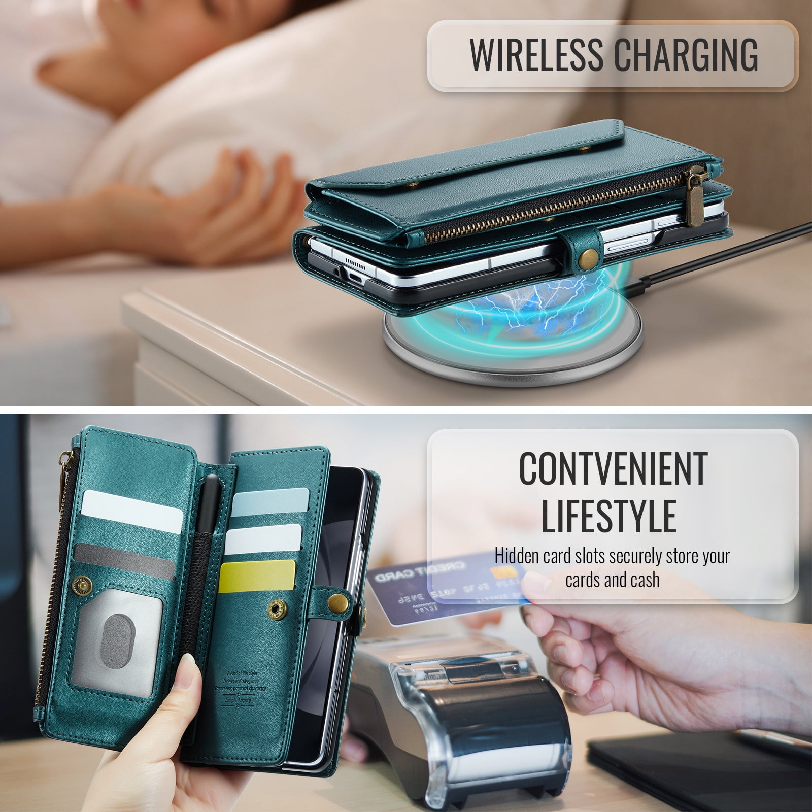 Asuwish Compatible with Samsung Galaxy Z Fold 5 5G 2023 Zipper Wallet Phone Case With pen slot Crossbody Lanyard Strap Flip Card Holder Slot Cell Cover for ZFold5 Z5 G Fold5 5Z Women Girls Green