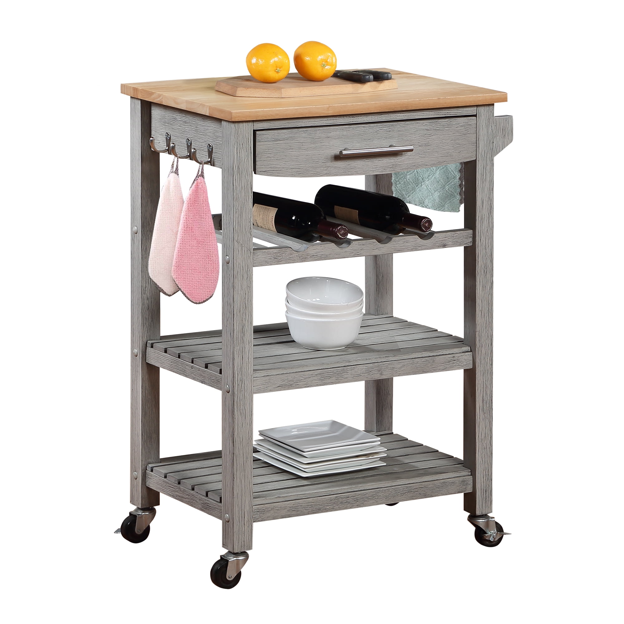 Convenience Concepts Ellaine 4 Tier Small Butcher Block Kitchen Island Cart with Drawer and Wine Rack, Wirebrush Light/Butcher Block