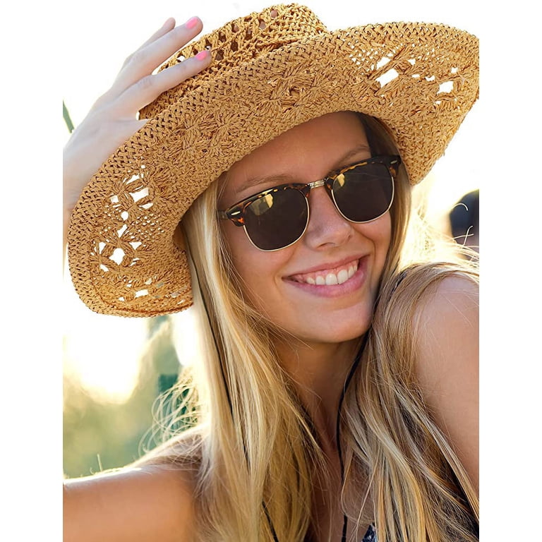 Straw Cowboy Cowgirl Hat Woven Hollow Out Wide Brim Roll Up Sun Hat Chin Strap Unisex Summer Straw Cowboy Hat, Wide Brim, Breathable  main image 3