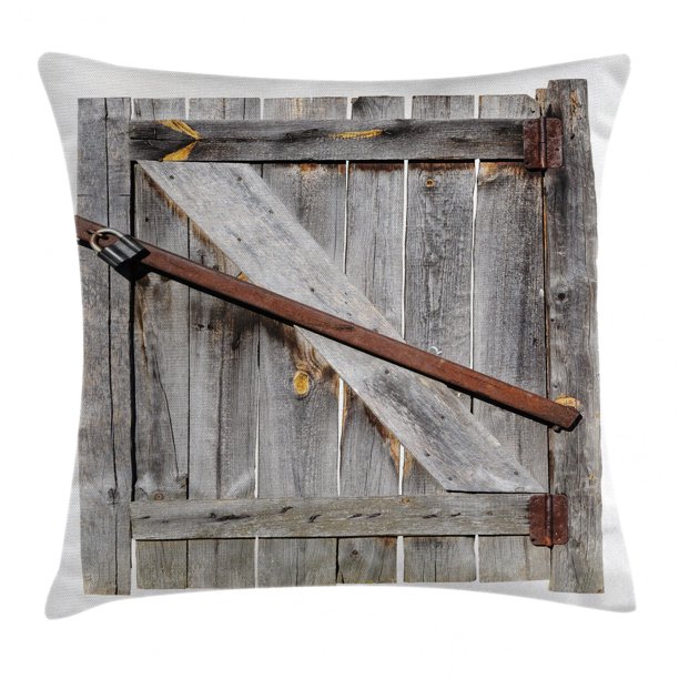 Rustic Throw Pillow Cushion Cover, Aged Wood Barn Door with Rusty
