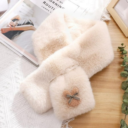 

Women Winter Warm Bib Plush Shawl Solid Color Neckerchief Wrap Cross Scarf Neck Warmer BEIGE RABBIT