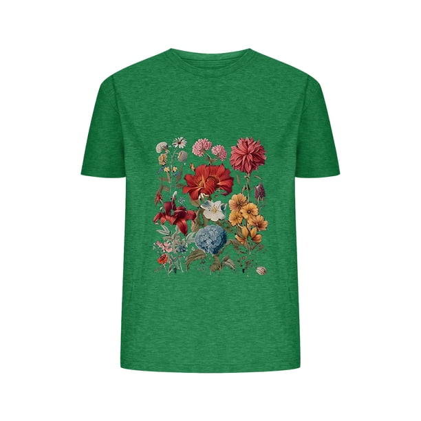 Blusas de Verano de las Mujeres Flor Impresa Cuello Redondo Manga Corta Superior, Verano Superior de las Mujeres