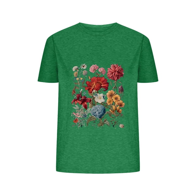 Blusas de Verano de las Mujeres Flor Impresa Cuello Redondo Manga Corta Superior, Verano Superior de las Mujeres
