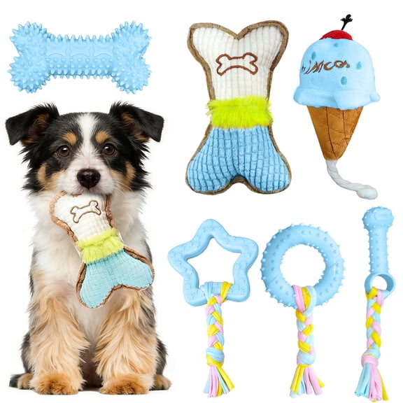 2026 New 6 Pack Puppy Teething Toys Blue Small Breed Dog Chew Toys with Rope Cute Plush Squeaky Dog Toys Soft Rubber Puppy Toys Set for Cleaning Teeth Interactive Pet Doggy Bone Toys (Blue)