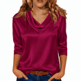 thumbnail image 2 of Dressy Tops for Women 3/4 Length Sleeve Silk Satin Blouses Business Work T Shirts Loose Fit Cowl Neck Spring Summer Outfits 2026 #03Purple 2XL, 2 of 6