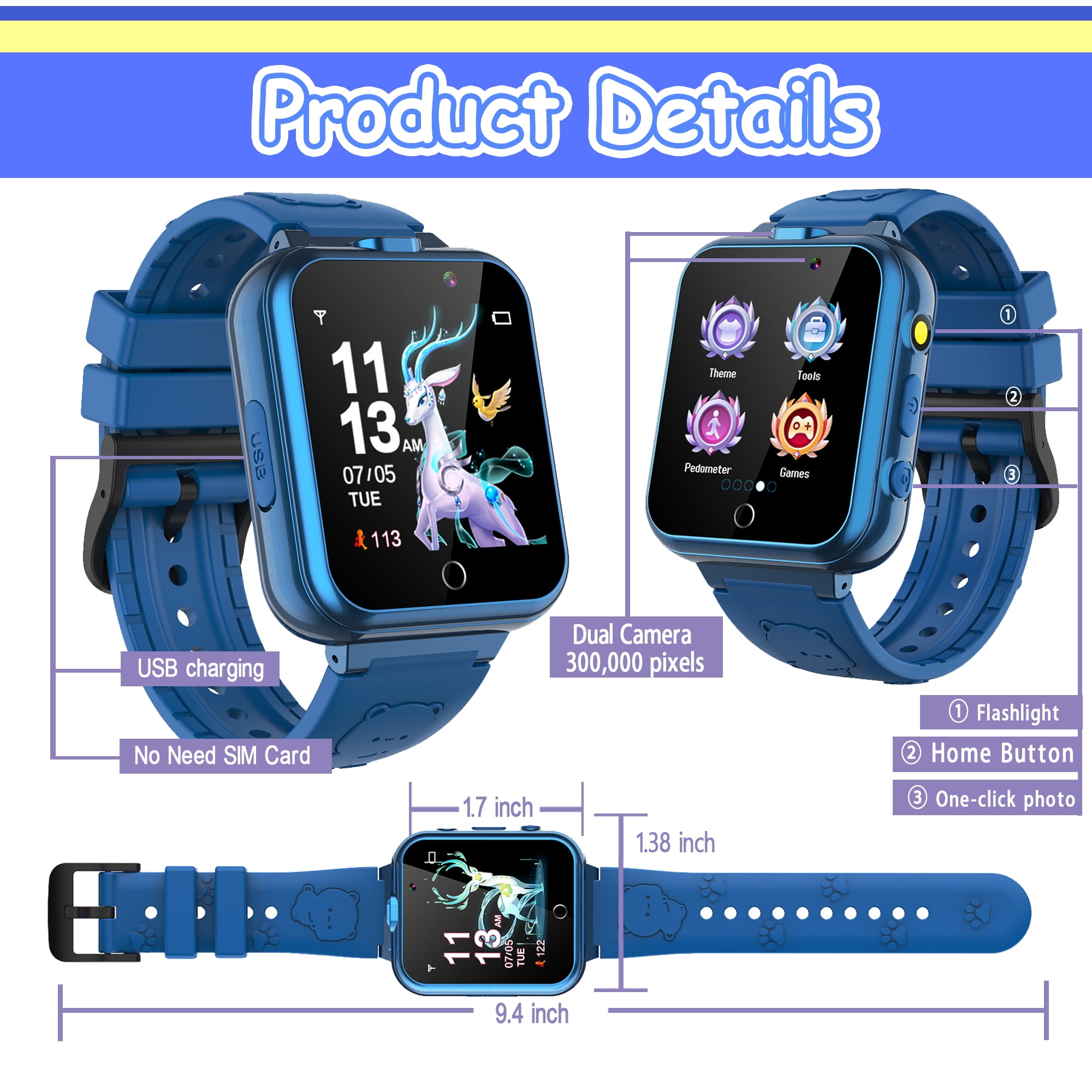 Kids Game Smart Watch for Boys Girls, 24 Games 5 Languages 3 Alarms 2 Cameras Music Torch Pedometer Calendar, 1 Count