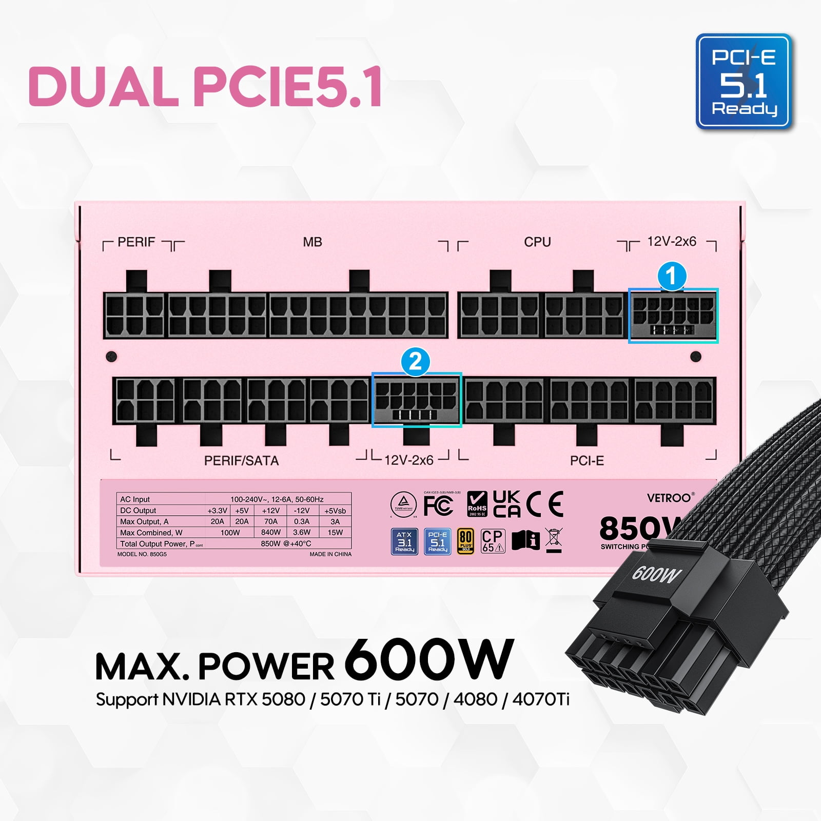 Vetroo 850W Power Supply Dual PCIe 5.1 ATX 3.1 Ready, 80 Plus Gold Full Modular, Quiet Operation with 120mm FDB Fan, 10-Year Warranty - Pink