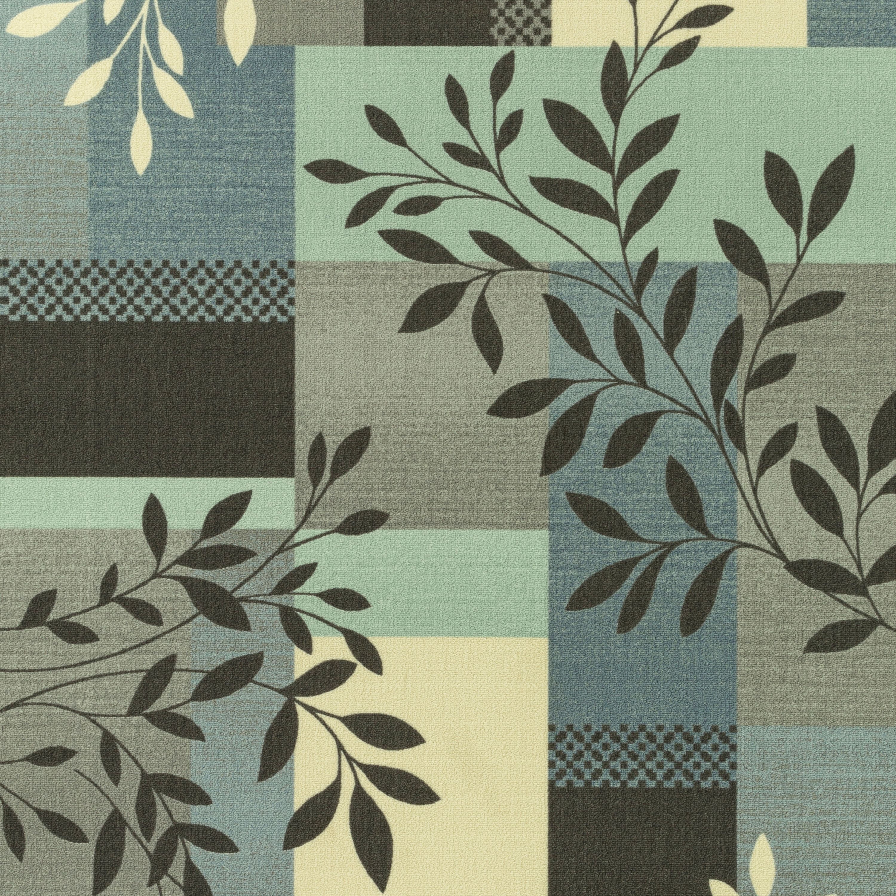 Mainstays Traditional Leaf Block Aqua Gray Indoor Hallway Runner Rug, 1'8"x5'