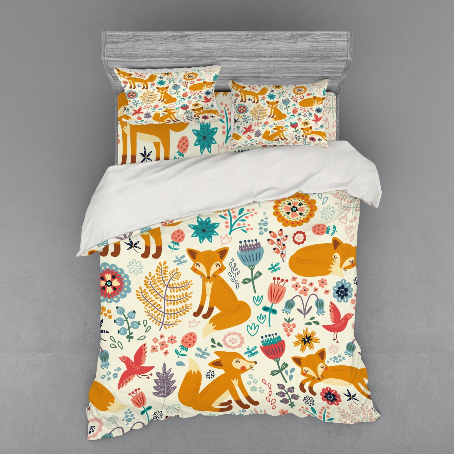 Fox Duvet Cover Set, Natural Wildlife Composition Foxes Ornate Flowers ...