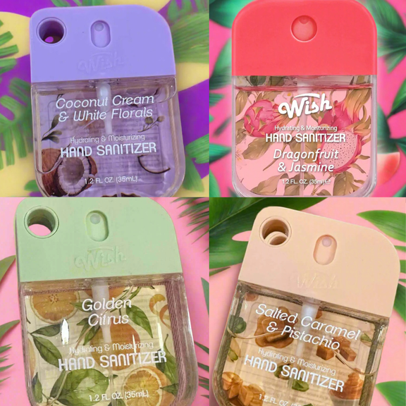 Wish Hand Sanitizer Spray 1.2 Fl Oz 4Pk(35ml) Holder PDQ With 1 Carabiner Clips