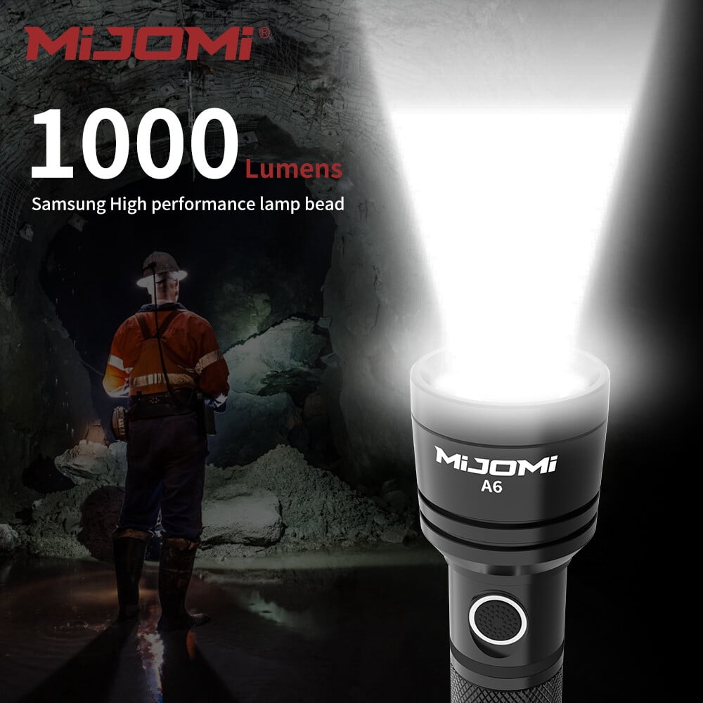 Mijomi Flashlight A6 1000 Lumens high Brightness 228m Beam Distance Samsung LED 18650 Rechargeable Flashlight for Industry use Easy Control 3 Lighting Modes Waterproof flashlight