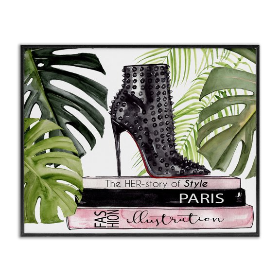 Stupell Industries Tropical Chic Studded Fashion Boots Monstera Palms Glam Magazine Black Framed Giclee Art, 14 x 11, by Jennifer Paxton Parker