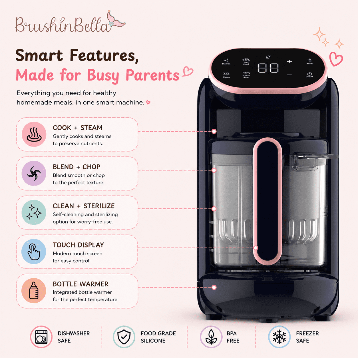 BrushinBella Baby Food Maker - Baby Food Processor with Soup Tray - 5-in-1 Baby Food Blender, Grinder Steamer, Baby Puree Maker Machine, Bottle Warmer - Touch Screen, Auto and Manual Blend