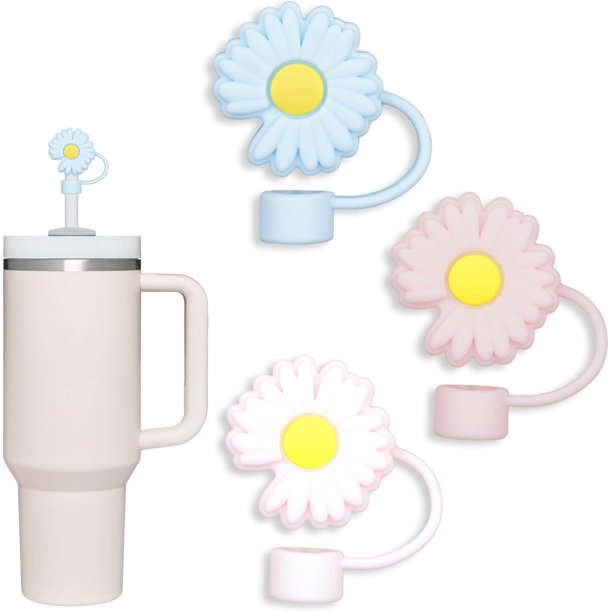 Paquete de 3 compatibles con vaso Stanley de 30 y 40 onzas, tapa de pajita de flores de 10 mm, lindas fundas de pajita de silicona, protectores de pajita, tapas de pajita de silicona suave de varias f