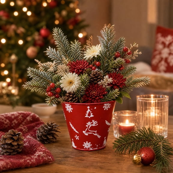 Metal Bucket, Christmas Planter Vase, Distressed Holiday Decor, Vintage Embossed Detail and Sturdy Multi-Purpose Build for Mantel Styling, Dining Tables and Window Sills.