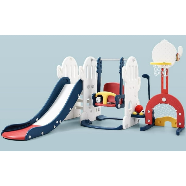 Historyli Juego infantil 7 en 1 con temática de cactus para interior y exterior,tobogán extralargo de 193 cm con columpio ajustable,tobogán,aro de baloncesto y fútbol,para edades de 1 a 3 años