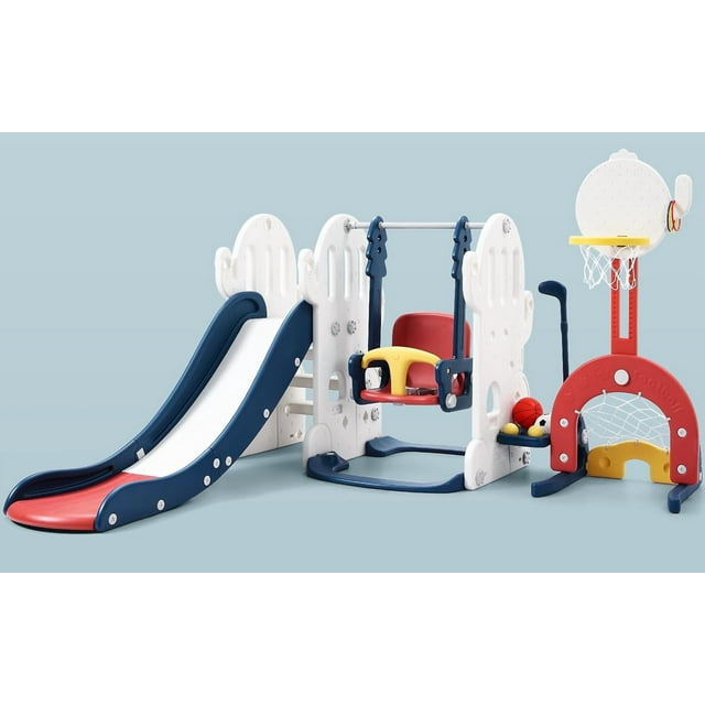 Historyli Juego infantil 7 en 1 con temática de cactus para interior y exterior,tobogán extralargo de 193 cm con columpio ajustable,tobogán,aro de baloncesto y fútbol,para edades de 1 a 3 años