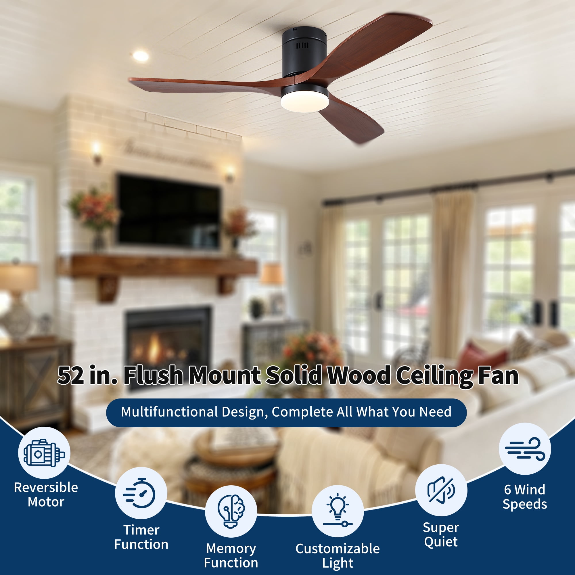 Leumius 52" Mordern Matte Black Farmhouse Retro Solid Wood Low Profile Flush Mount Intergrated LED Ceiling Fan with Light for Living Room Bedroom