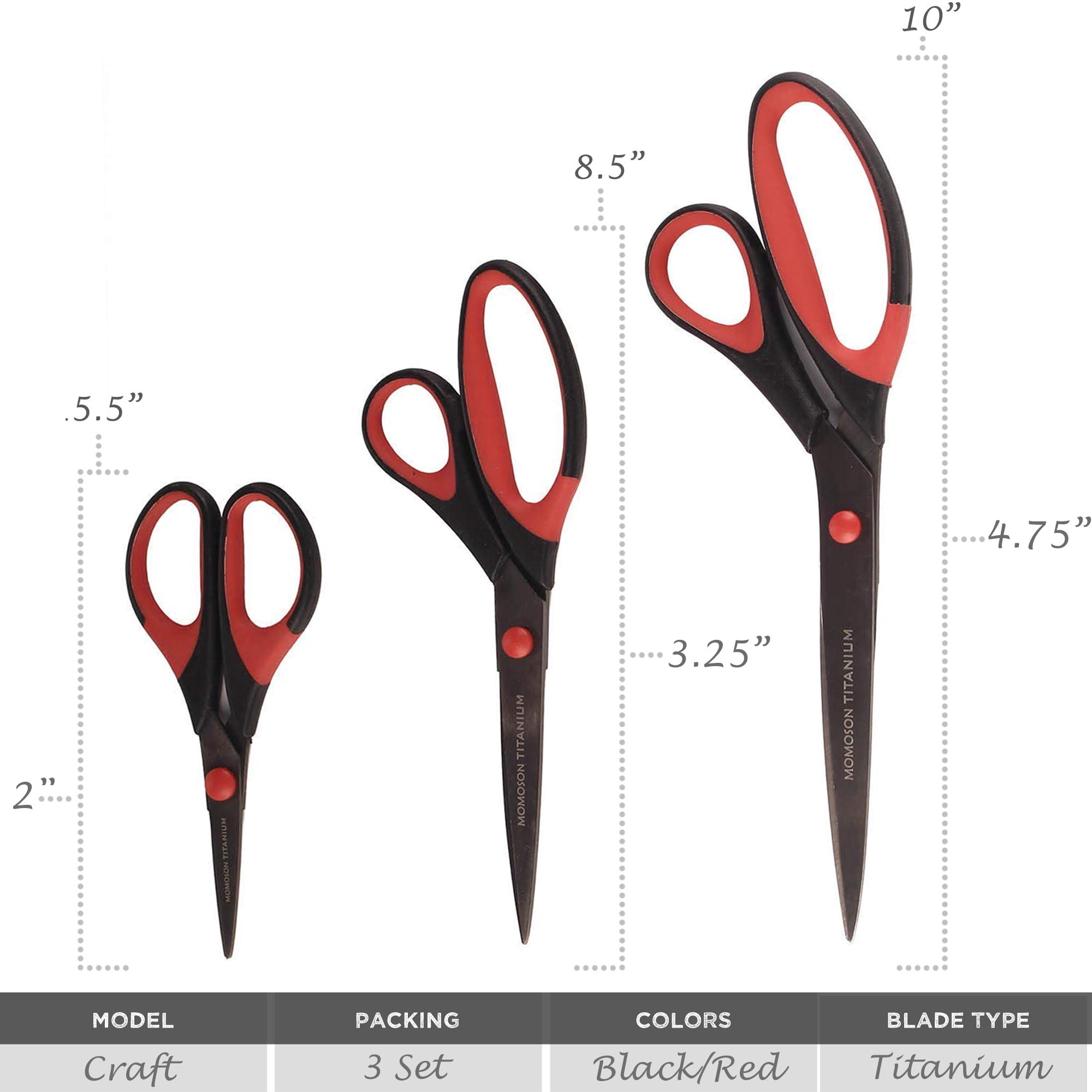 JubileeYarn Titanium Softgrip Scissors Set for Sewing, Arts, Crafts, Office - 1 Set of 3 - Black w/ Red Inlays
