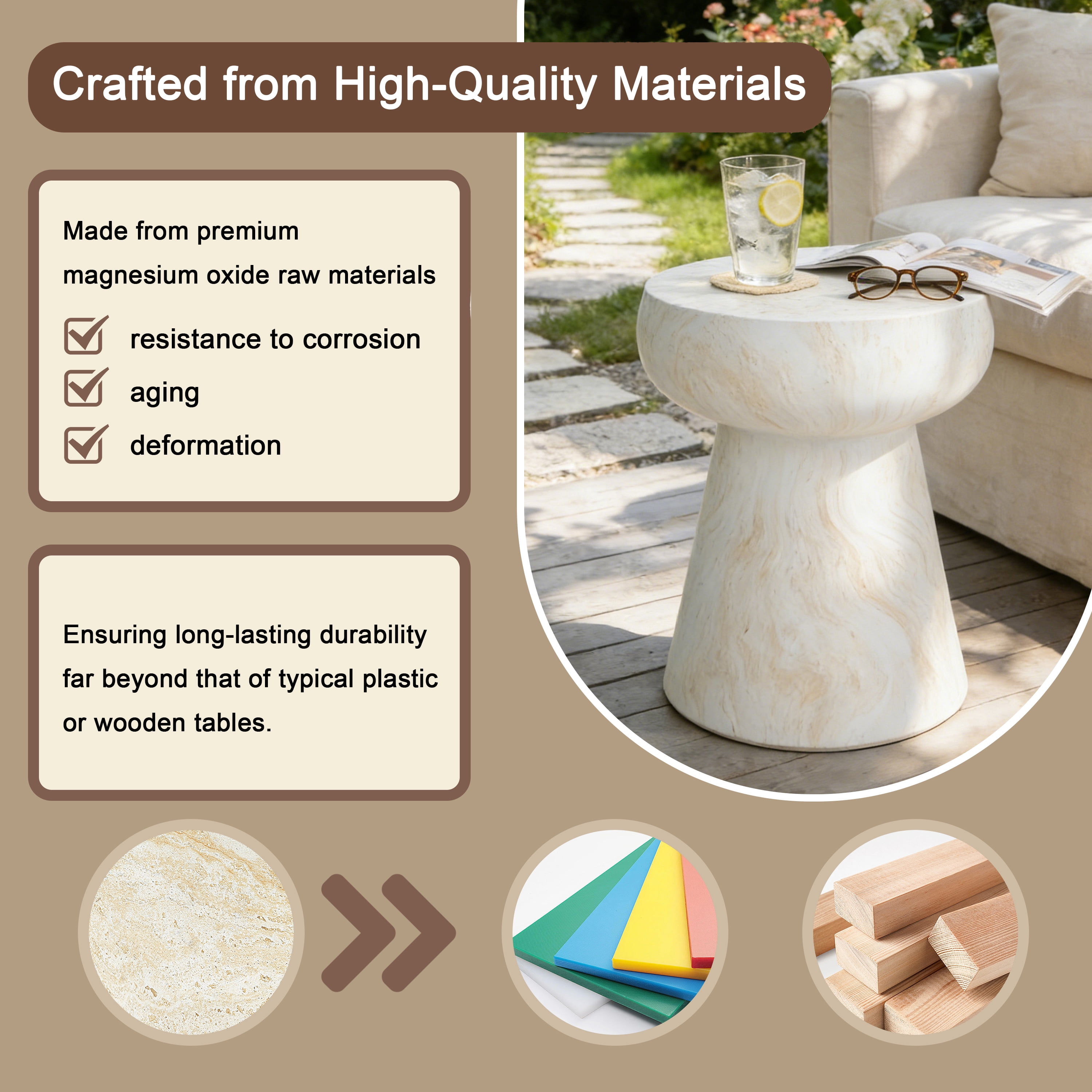 Mintazer 19.68" H Mushroom-Shaped Outdoor Side Table, Geometric Pedestal End Table with Travertine Texture, Modern Accent Table for Patio Living Room, Beige