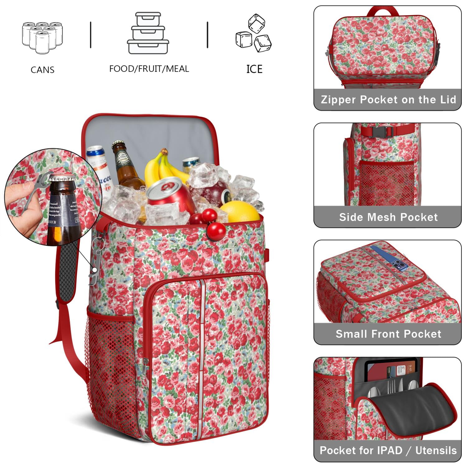 Travel Cooler Bag - Pioneer Flower Camping Beer Cooler Backpack with Bottle Opener- Waterproof Insulated Picnic Backpacks - Cooler Bag for Beach