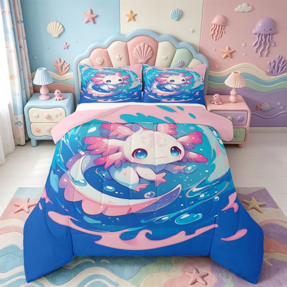 Manfei 3D Print Axolotl Full Size Comforter Sets,Animals Pattern Bedding Comforter Set,Pink Reversible,3pcs,1 Comforter and 2 Pillowcases