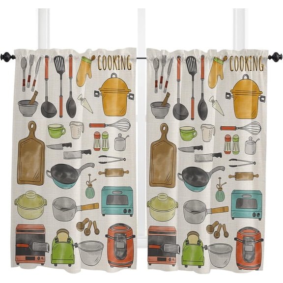 84 Inch Long Tier Curtains for Kitchen, Cartoon Kitchen Utensils Pots and Pans Bathroom Window Curtains Rod Pocket Short Curtains Window Treatment Tiers for Living Room Farmhouse 2 Panels