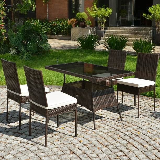 Patio Rattan Dining Set Glass Table, Costway 5 Piece Outdoor Patio Rattan Dining Furniture Set