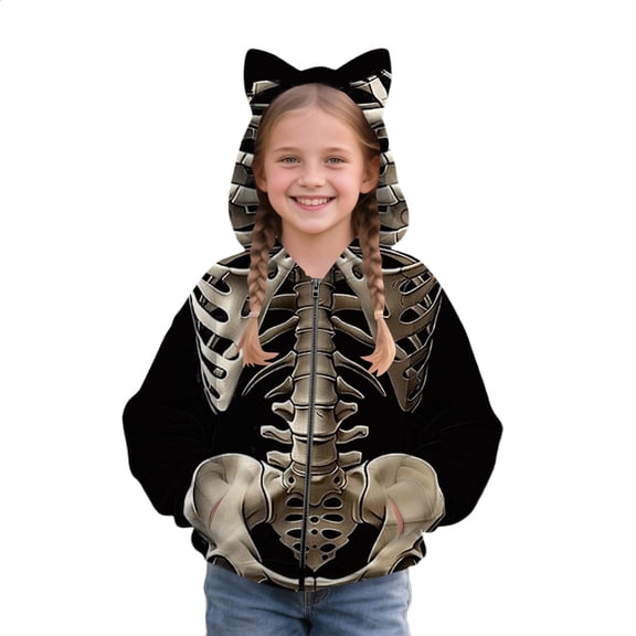 Otqutp Zip Up Hoodie for Girls Skeleton Print Cat Ear Long Sleeve Jacket Kids Halloween Sweatshirt Fall Windproof Coats