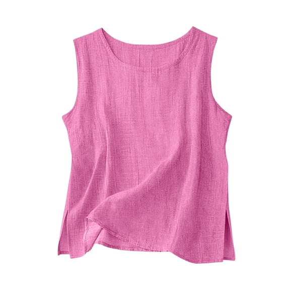 Staron Women's Casual Blouse Solid Color Split Hem Round Neck Loose Sleeveless Tank Top, Hot Pink S