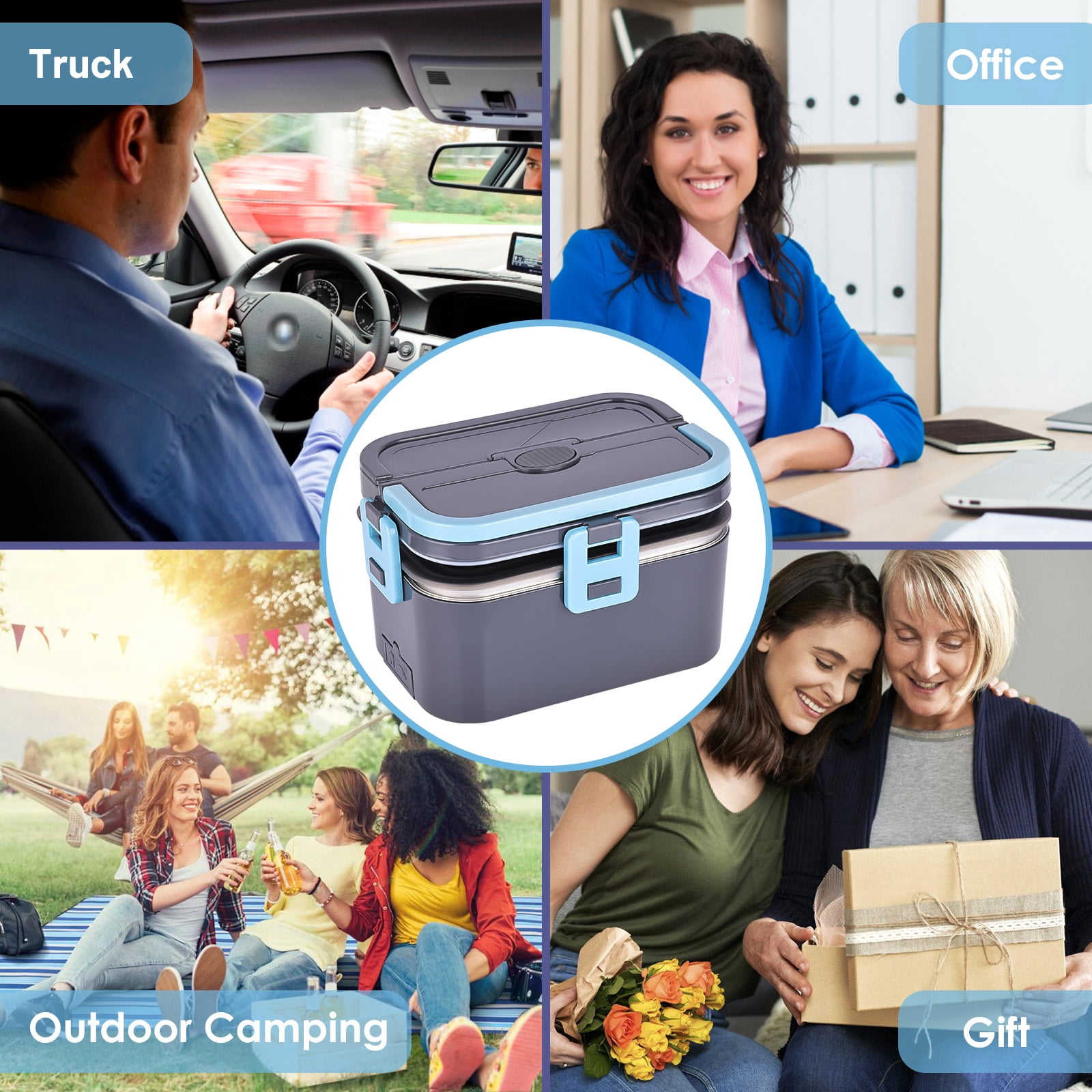 Electric Lunch Box Food Heater for Work, 100W Heated Lunch Box for Adults, Portable Food Warmer with 2 Packs Stainless Steel Containers for Car, Office, School with Carry Bag 12V-24V 110V
