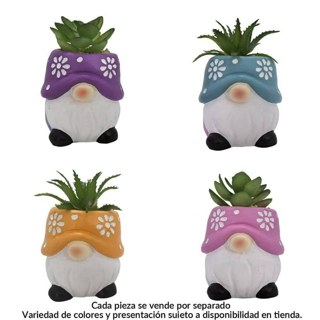 Maceta Prichos con Diseño de Gnomo con Planta Artificial 9.3 cm Varios Modelos 1 Pieza Multicolor