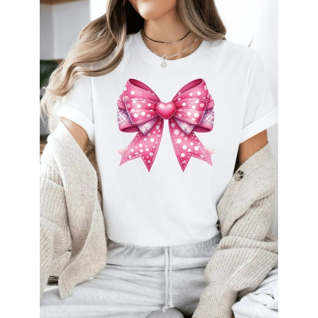 Valentine Coquette Pink Bow T Shirt, Heart Bow Shirt, Short Sleeve Tee, Perfect for Summer Outdoor, Holiday Vacation Shirt, Comfortable and Trendy Tshirt As a Gift, Loose Style for women, Perfect for