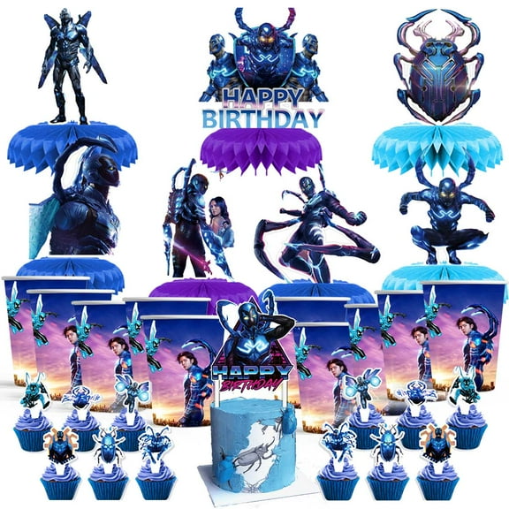 Blue Beetle Party Supplies Decor Cups Fans Decorations Honeycomb Centerpieces Cake Toppers