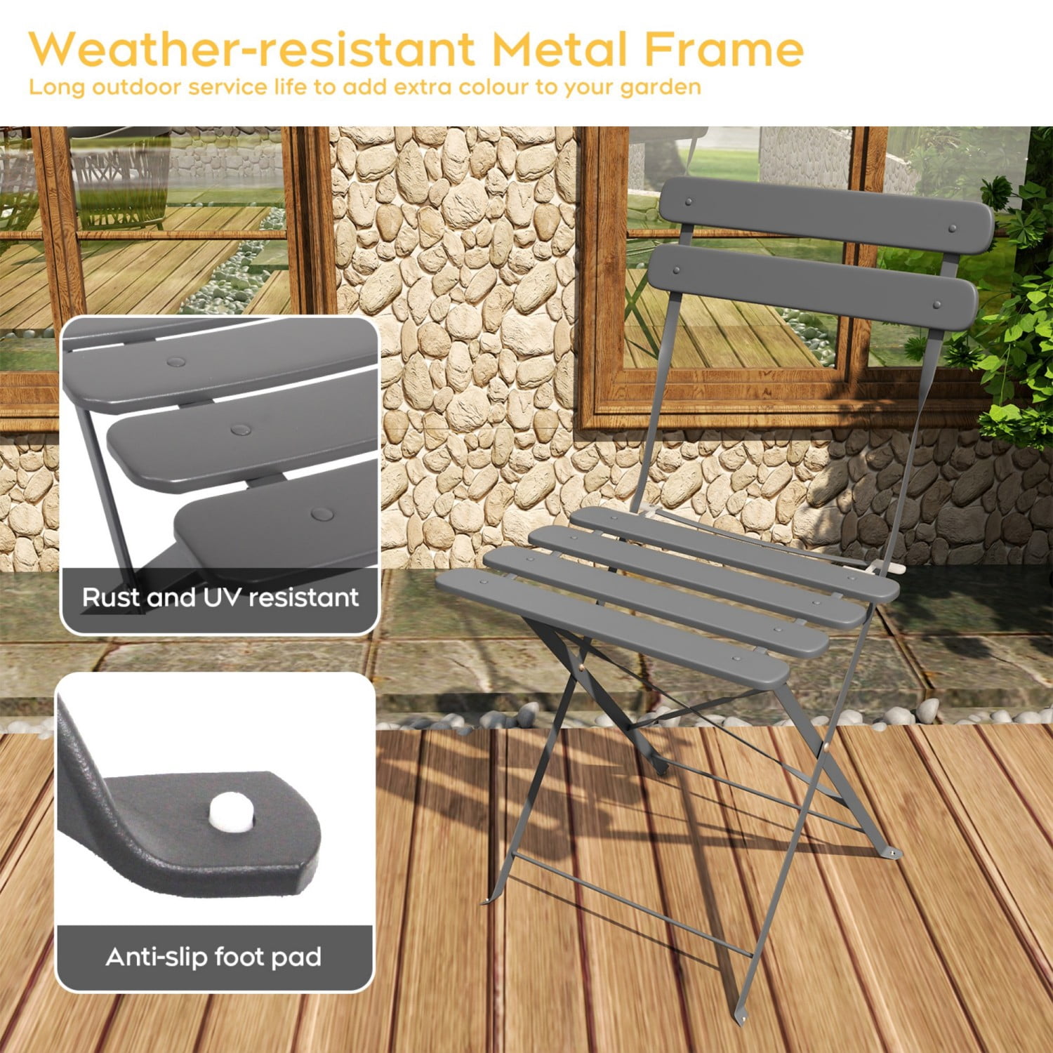 Bistro Table and Chairs Set for 2, 3 Piece Outdoor Patio Bistro Set with Folding Table and 2 Cushioned Chairs, Rust-Resistant Frame, Gray