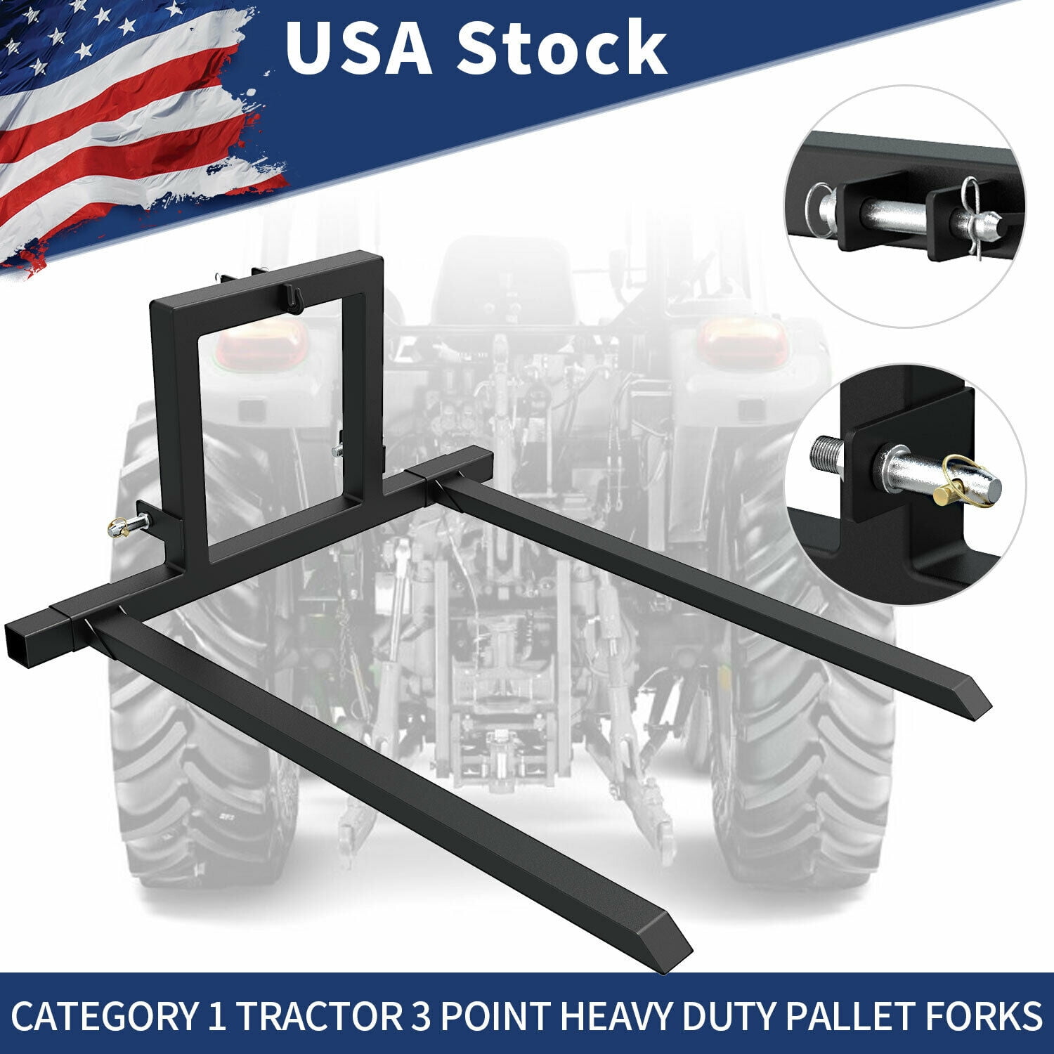 YITAMOTOR 3 Point Hitch Pallet Fork 1500 lbs Capacity Adjustable Pallet Fork Attachments for Category 1 Tractor