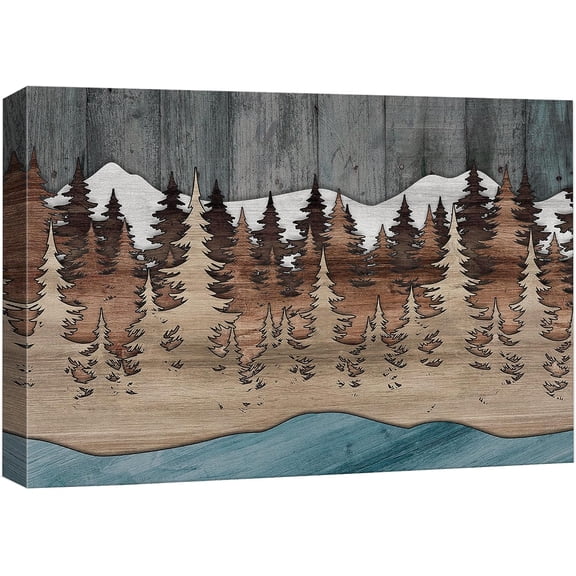 PixonSign Canvas Print Wall Art Winter Pastel Mountain Range Nature Wilderness Woodblock Illustrations Decorative Multicolor Landscape Wood Panels Country/Farmhouse - 32"x48"