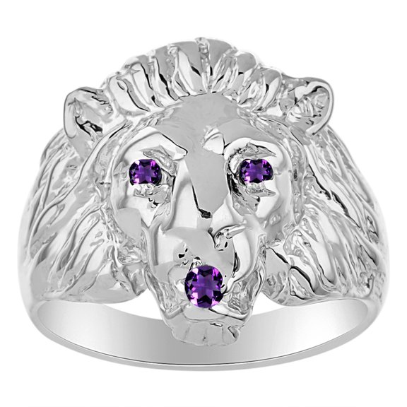 RYLOS Sterling Silver Lion Head Ring Color Stone Birthstones Eyes and Mouth Fun Designer Rings Amethyst Jewelry Size 6